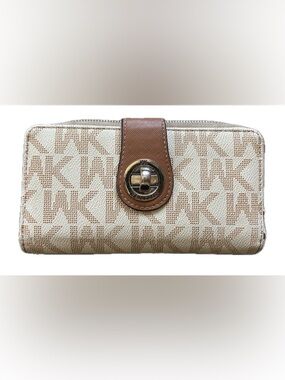 Wendy Keen Women's Beige/Brown Zip-Around Wallet, Logo, Credit Card Slots